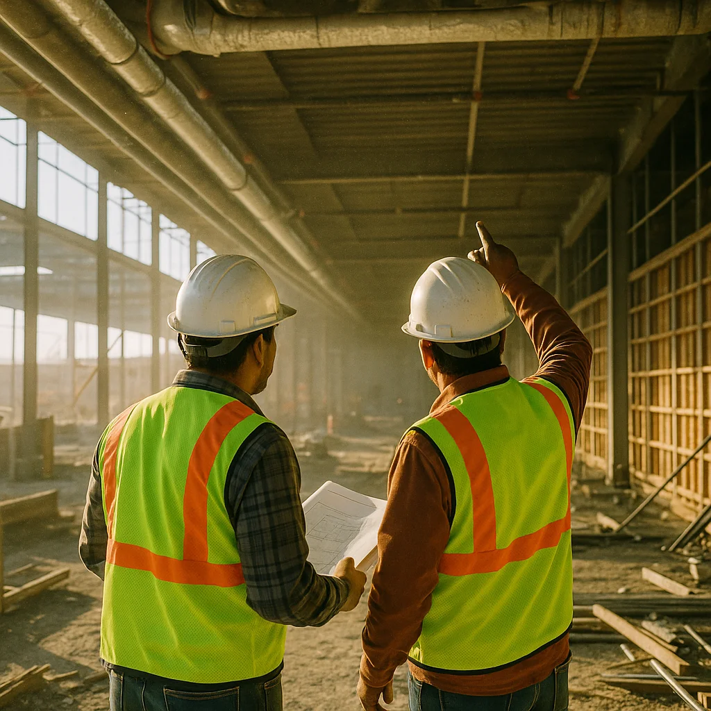 Trabajadores de construcción en sitio industrial con riesgo de exposición al asbesto