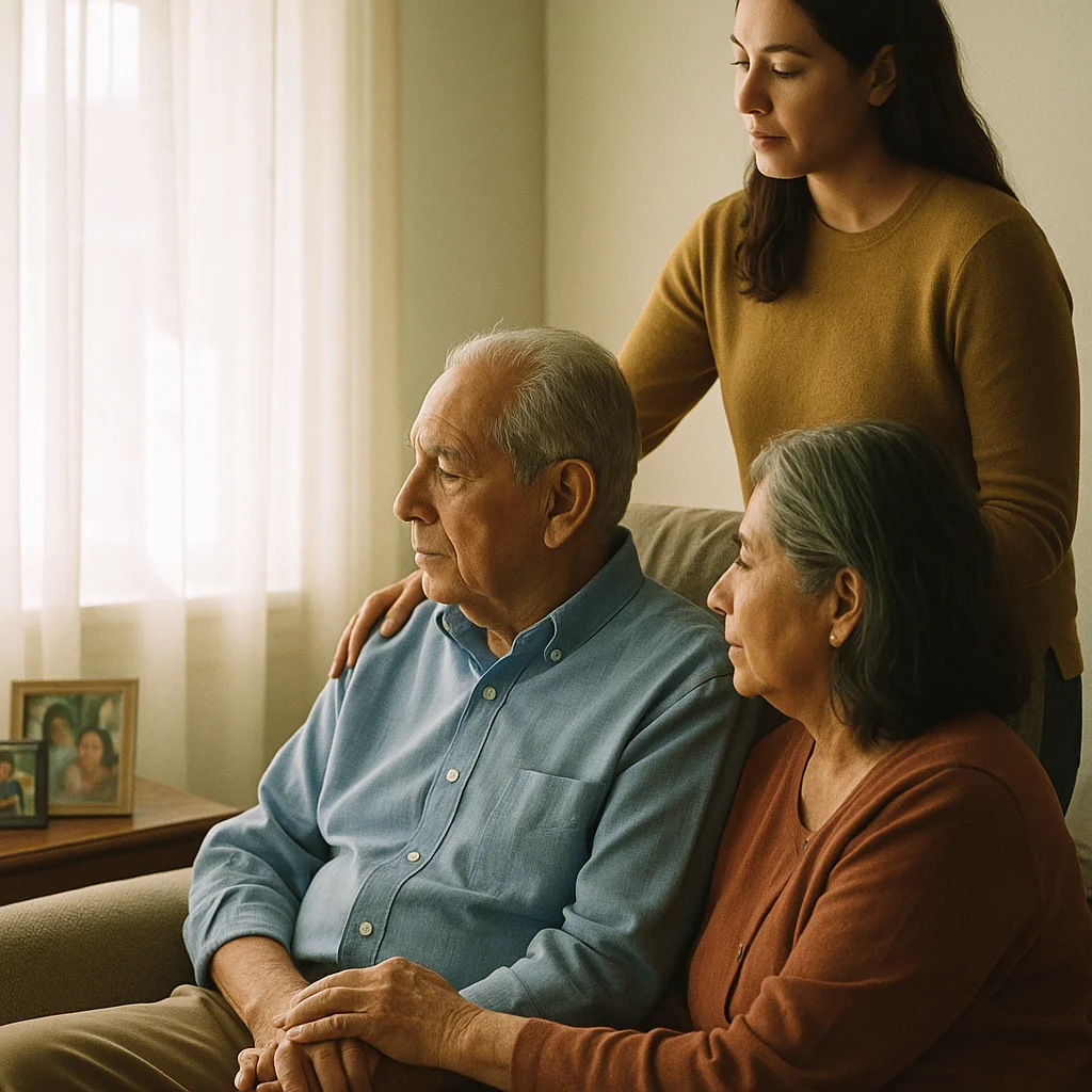 Pareja de adultos mayores apoyándose mutuamente